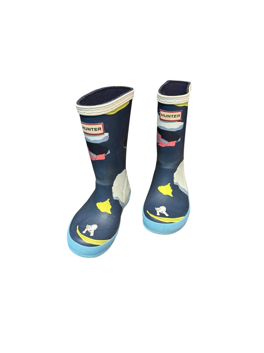 Hunter Kids Navy Rain Boots with Light Blue Soles and Yellow Accents US 10.5